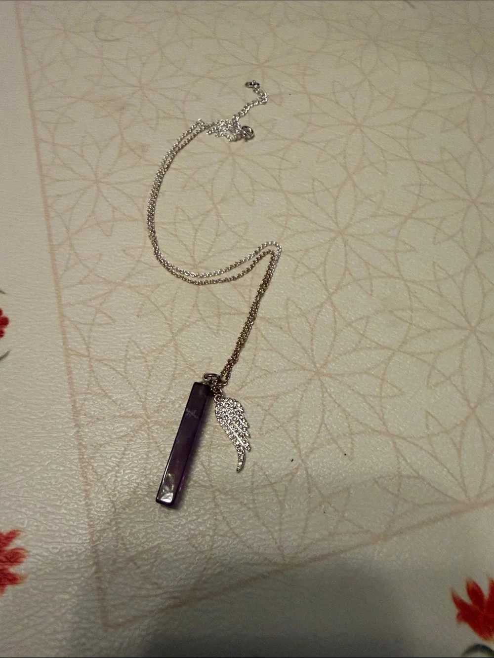 Silver Necklace with Purple Crystal Bar and Wing Charm - Unbranded